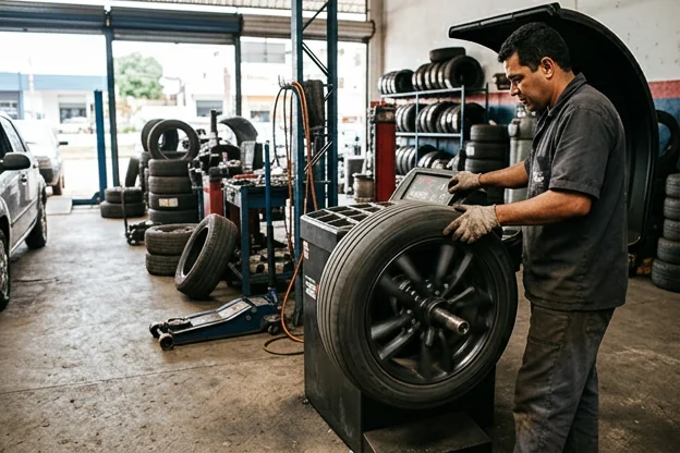 Equipamento de balanceamento de rodas sendo utilizado por um profissional.