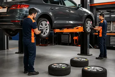 Mecânico realizando rodízio de pneus em um veículo.