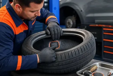 Profissional consertando um pneu com ferramentas na borracharia.
