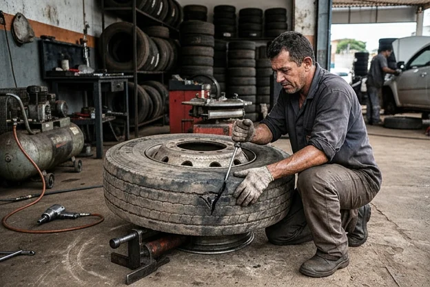Profissional inspecionando um pneu danificado em uma borracharia.
