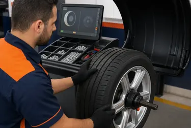 Profissional realizando balanceamento de rodas com equipamento específico.