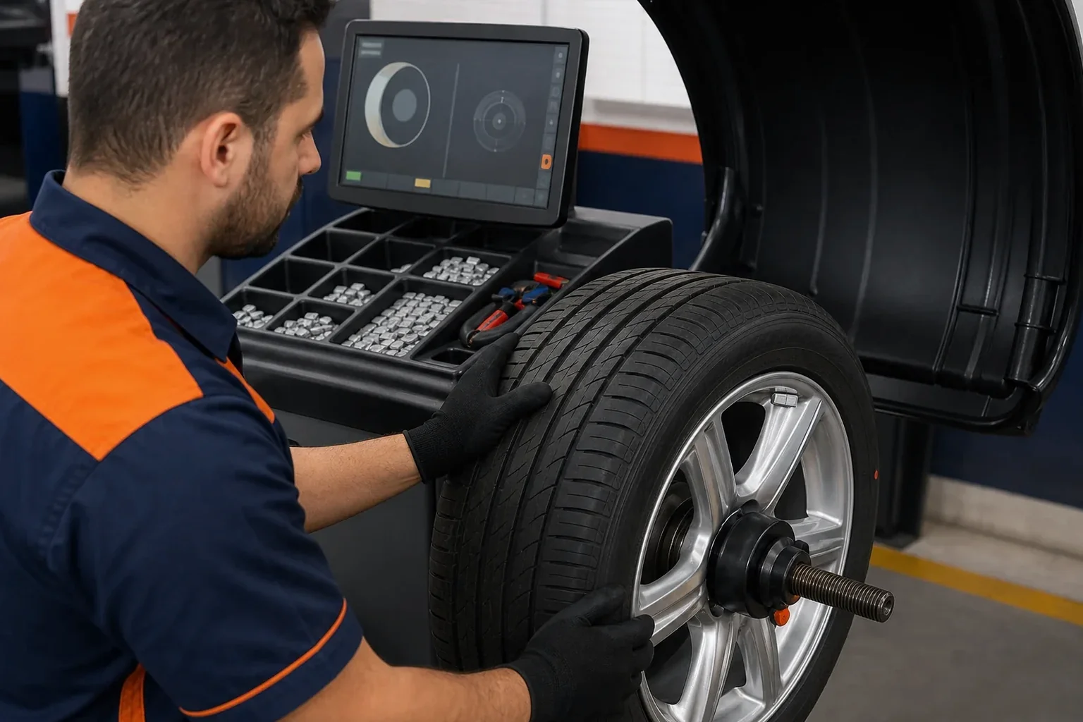Profissional realizando balanceamento de rodas com equipamento específico.