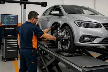 Técnico ajustando o alinhamento de rodas de um veículo.