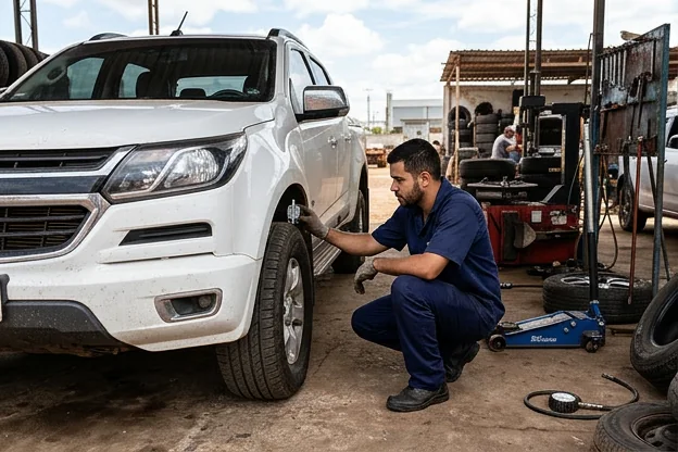 Técnico avaliando pneus de um carro na borracharia.