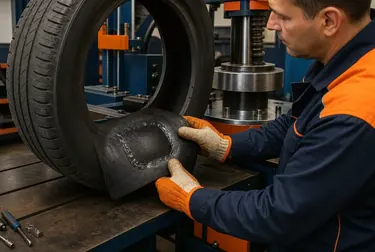 Técnico realizando vulcanização de um pneu.